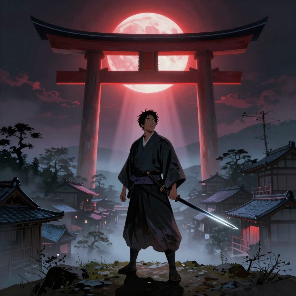 Hopeful Samurai Under Red Moon and Torii Gate