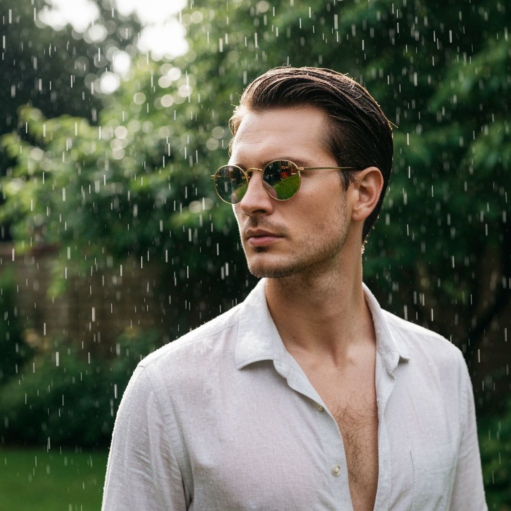 Man in Reflective Sunglasses Enjoying Summer Rain