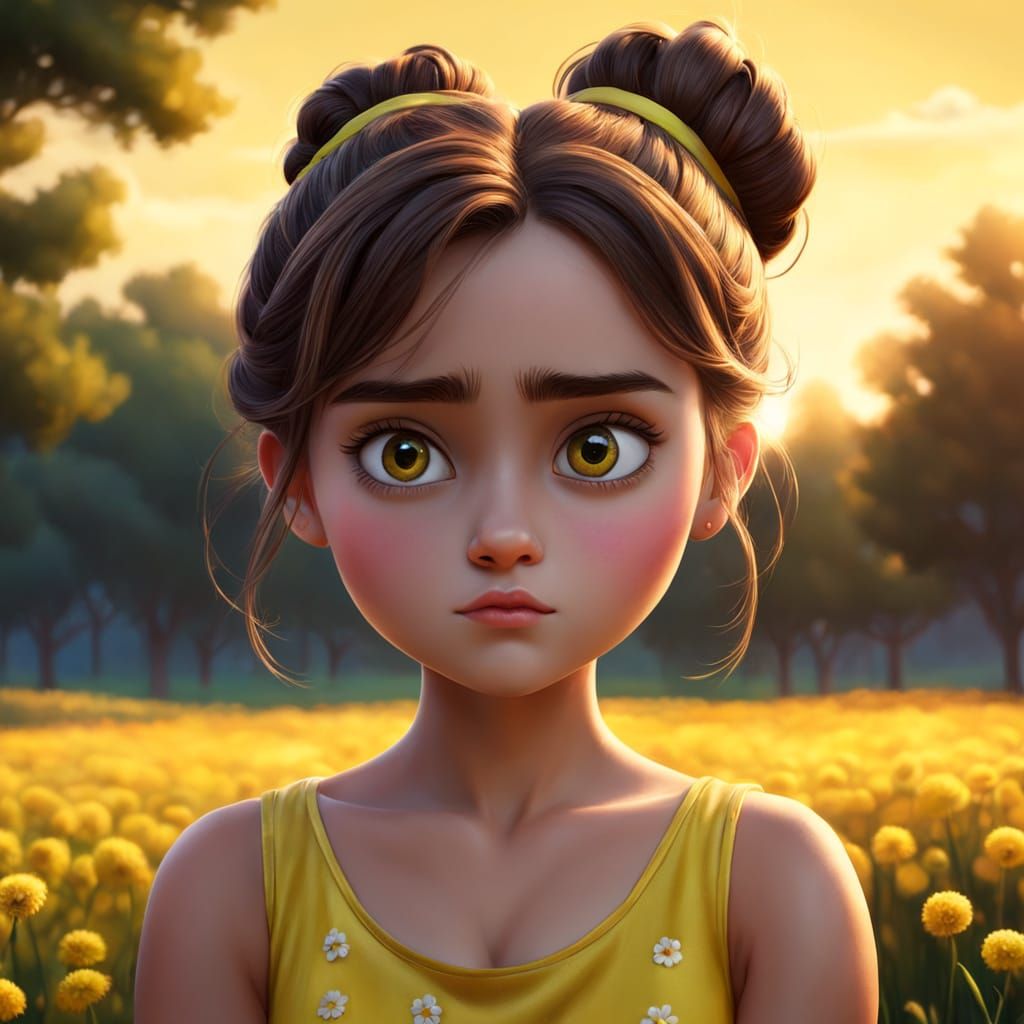 Pixar-Inspired Young Girl with a Grumpy Expression