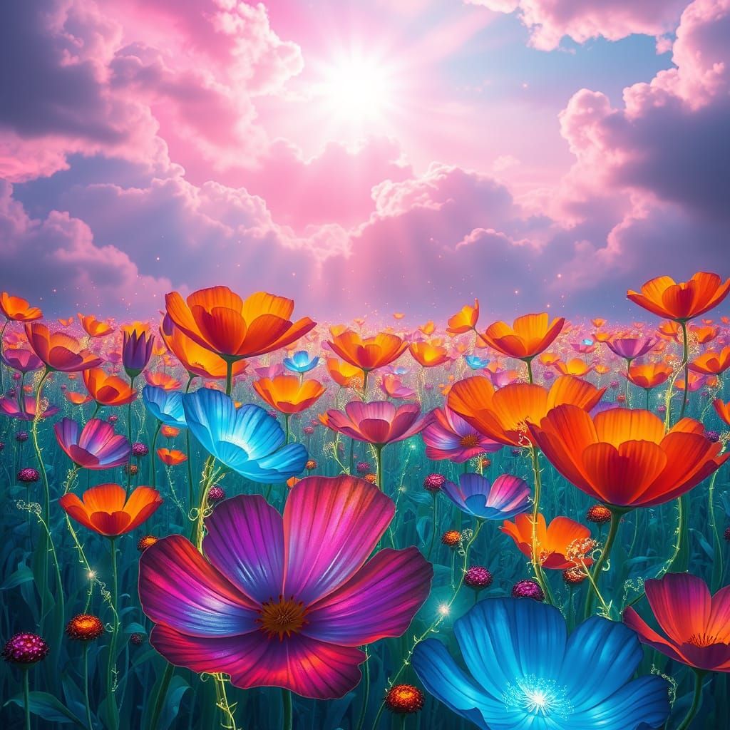 Dreamlike Fantasy Meadow with Glowing Flowers and Ethereal L...