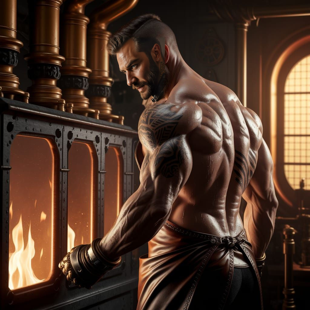 Muscular Mechanic Tending Steamship Boilers