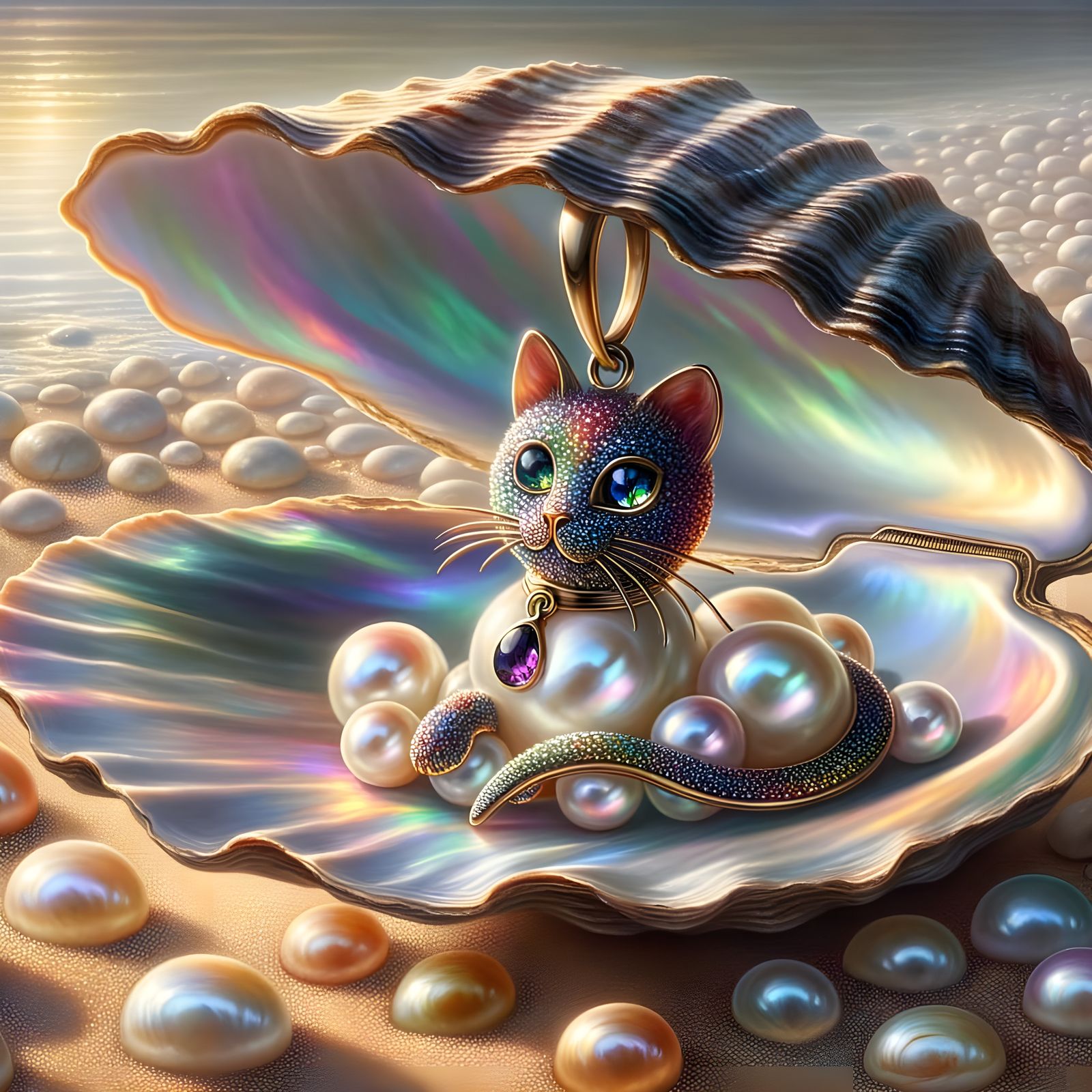 Enchanted Pearl Cat Pendant in a Seashell