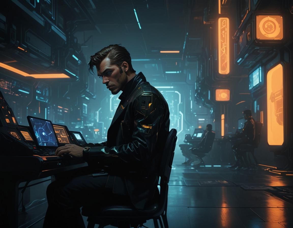 Futuristic Trader in Noir Cyberpunk Concept Art
