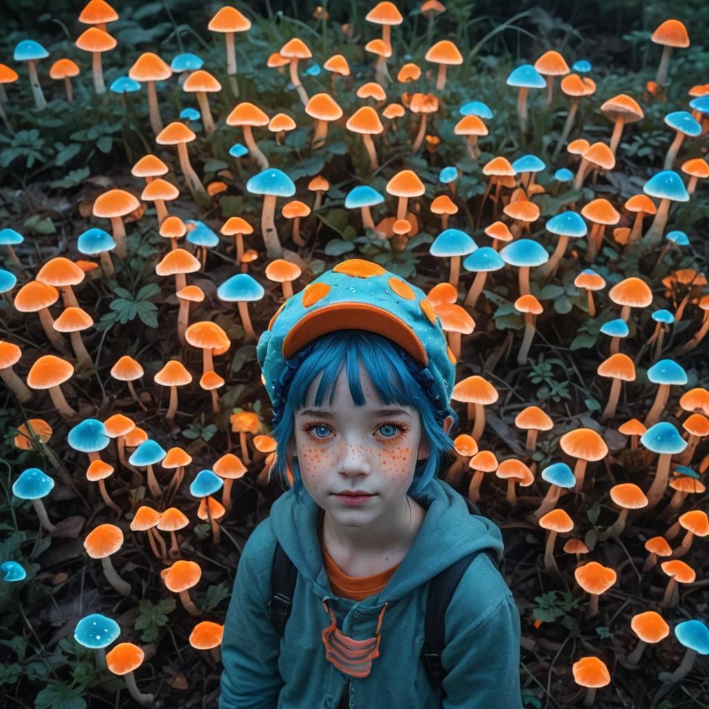 Girl with Glowing Hair and Neon Mushrooms