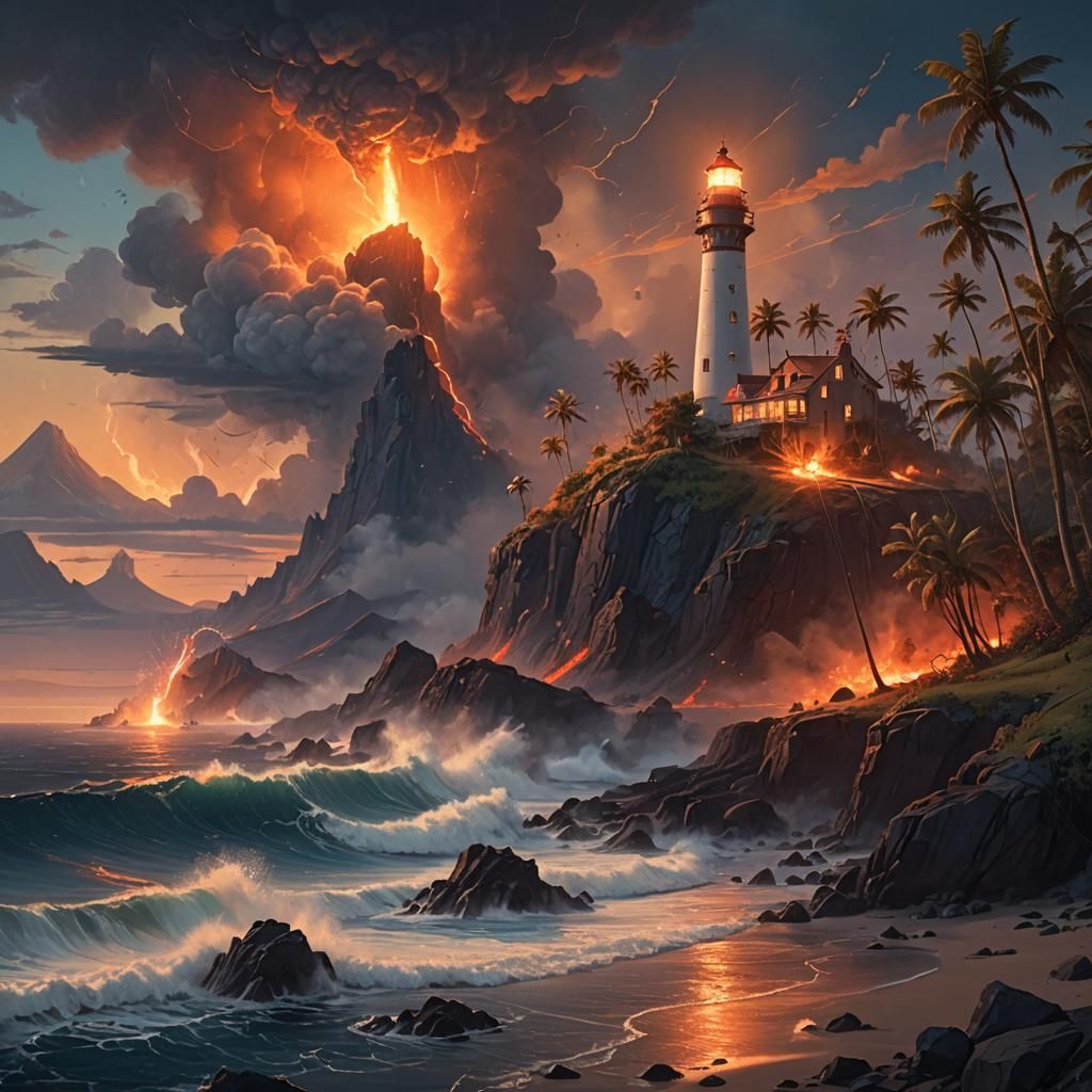 Lighthouse and Volcano Eruption: Fantasy Matte Painting