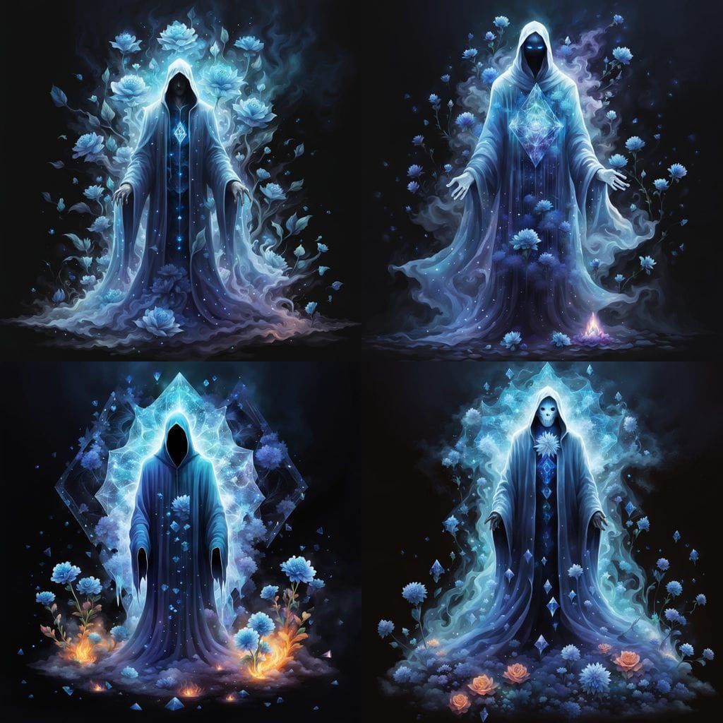 A cloacked Ghost spectre, transparent, iridescent, translucent,no face, with many blue palette colors like a fractal dia...