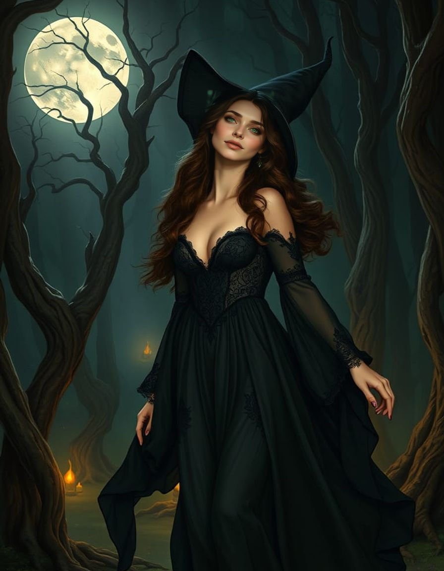 Gothic Beauty Dances Under Moonlight in Dark Forest