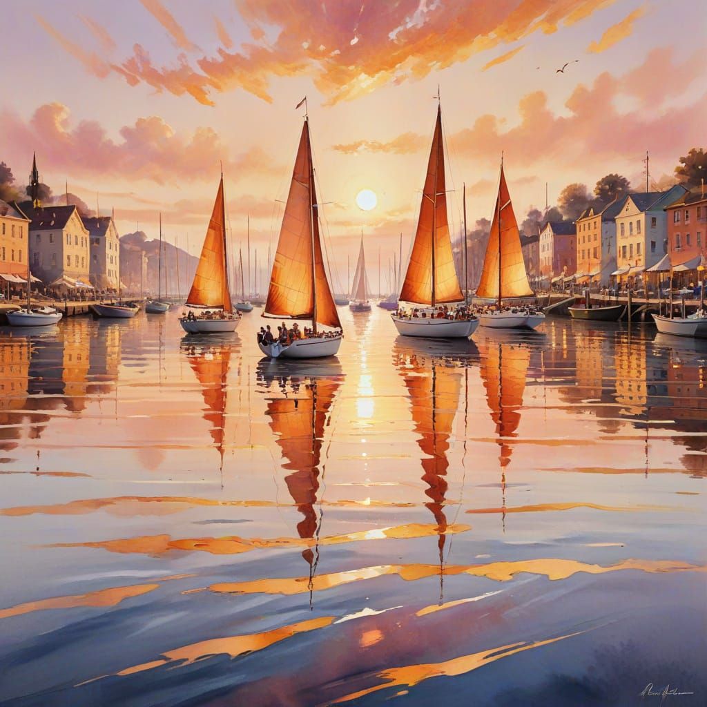 Golden Hour Sailboats in Harbor: Oil Painting