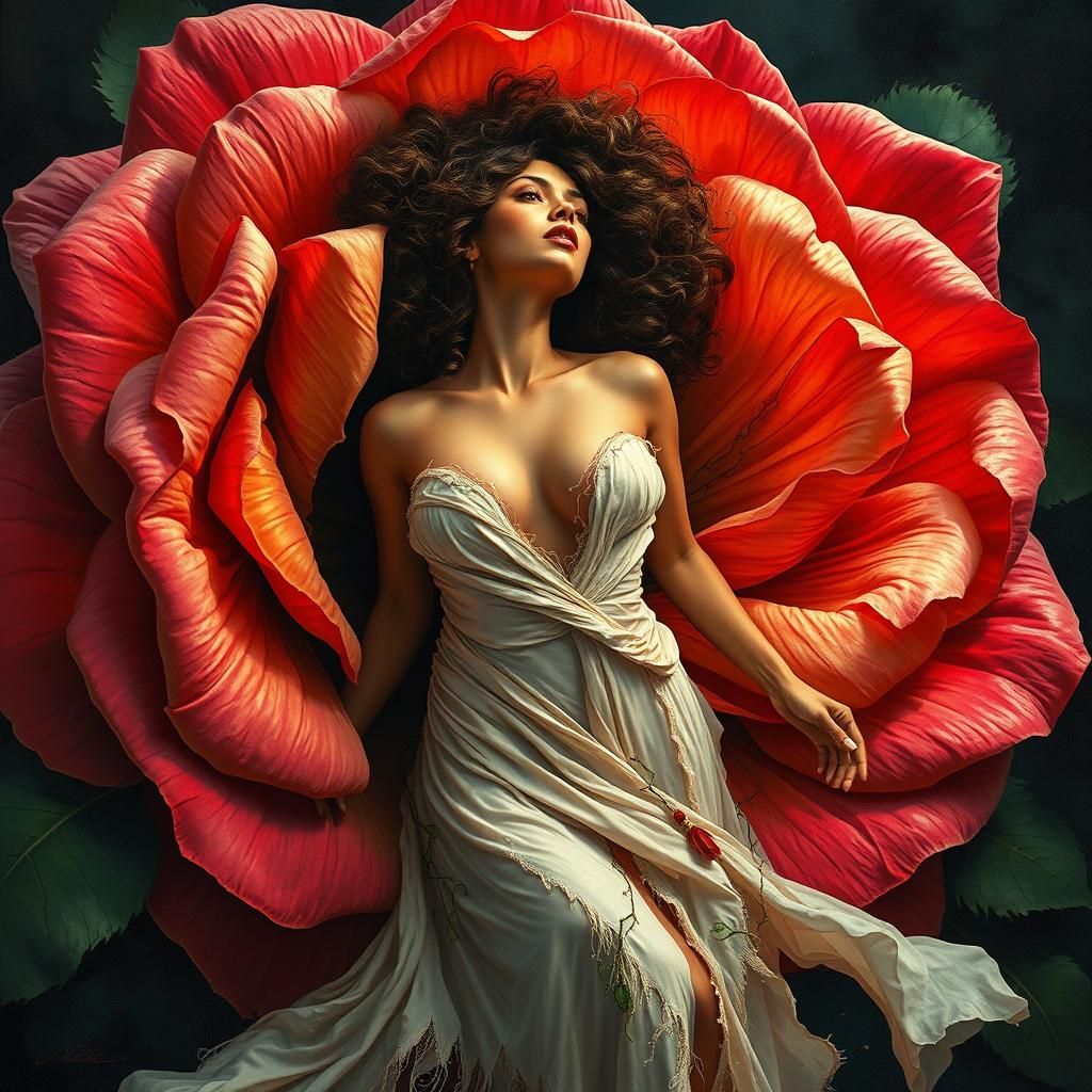 Woman Emerges from Rose in Polychromatic Graffiti Art