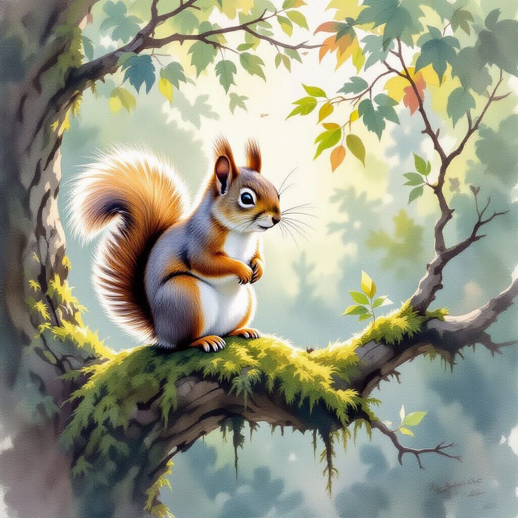 Whimsical Watercolor Squirrel on Branch