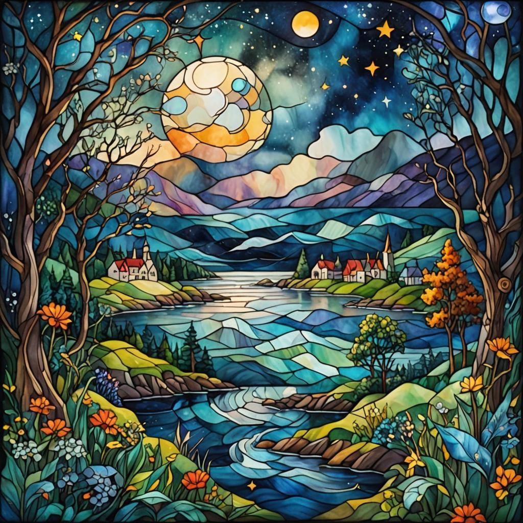 Stained Glass Watercolor Fairytale Countryside