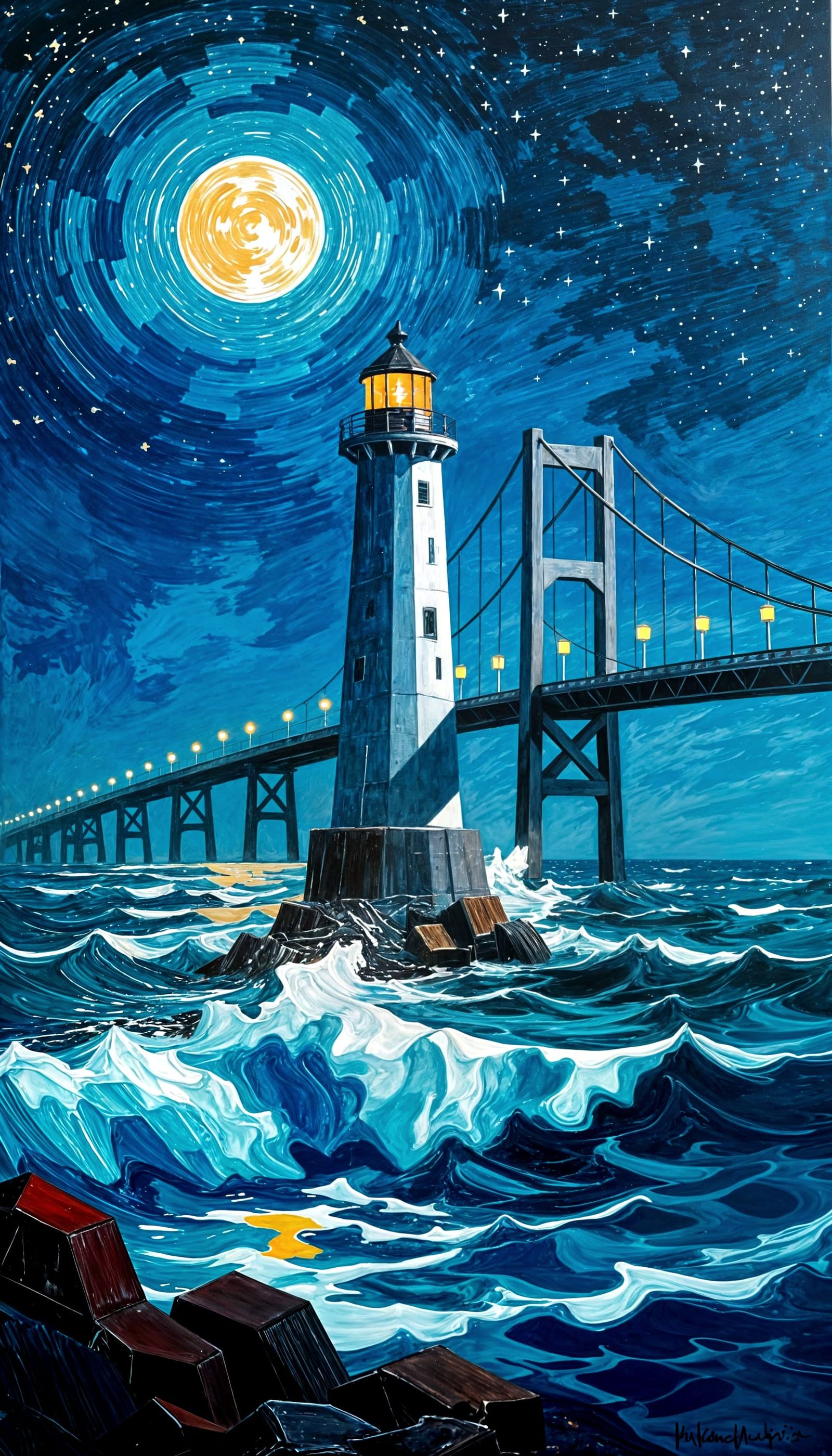 Lighthouse Under Stars as Impasto Oil Painting