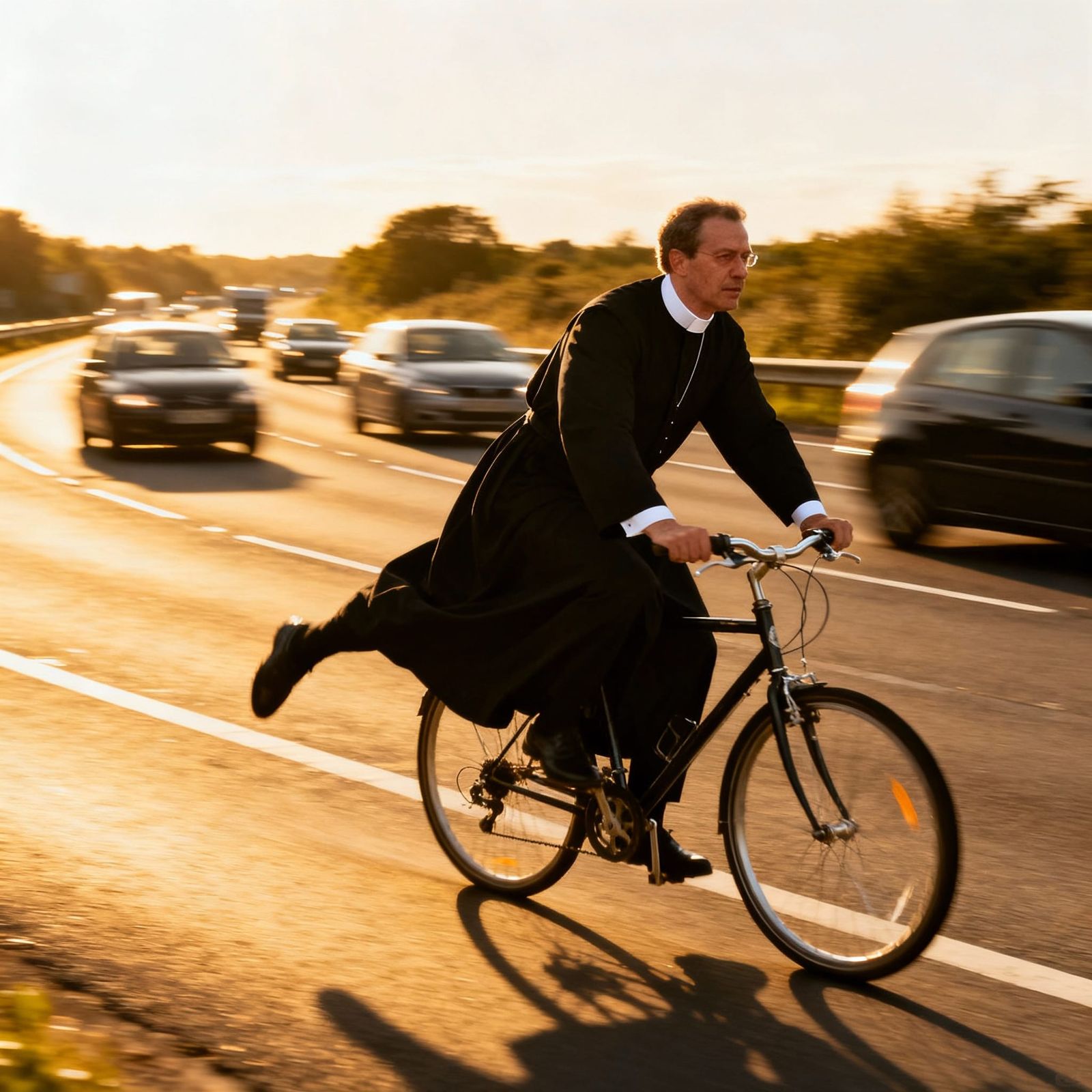 Vicar Rides Bicycle Against Traffic on Dual Carriageway