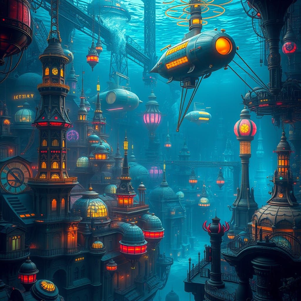 Underwater Steam Punk Metropolis in Jules Verne Style