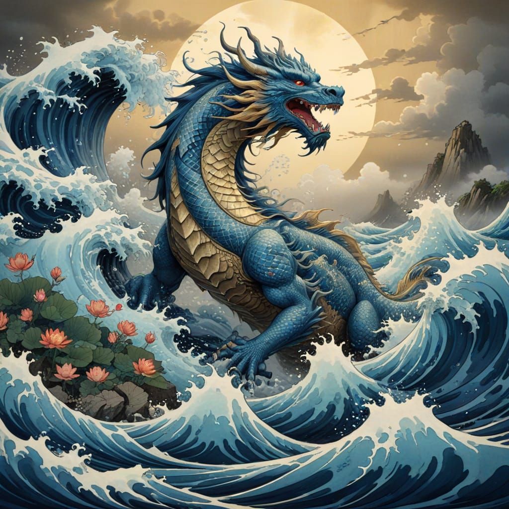 Majestic Japanese Dragon Crashes Through Waves in Traditiona...