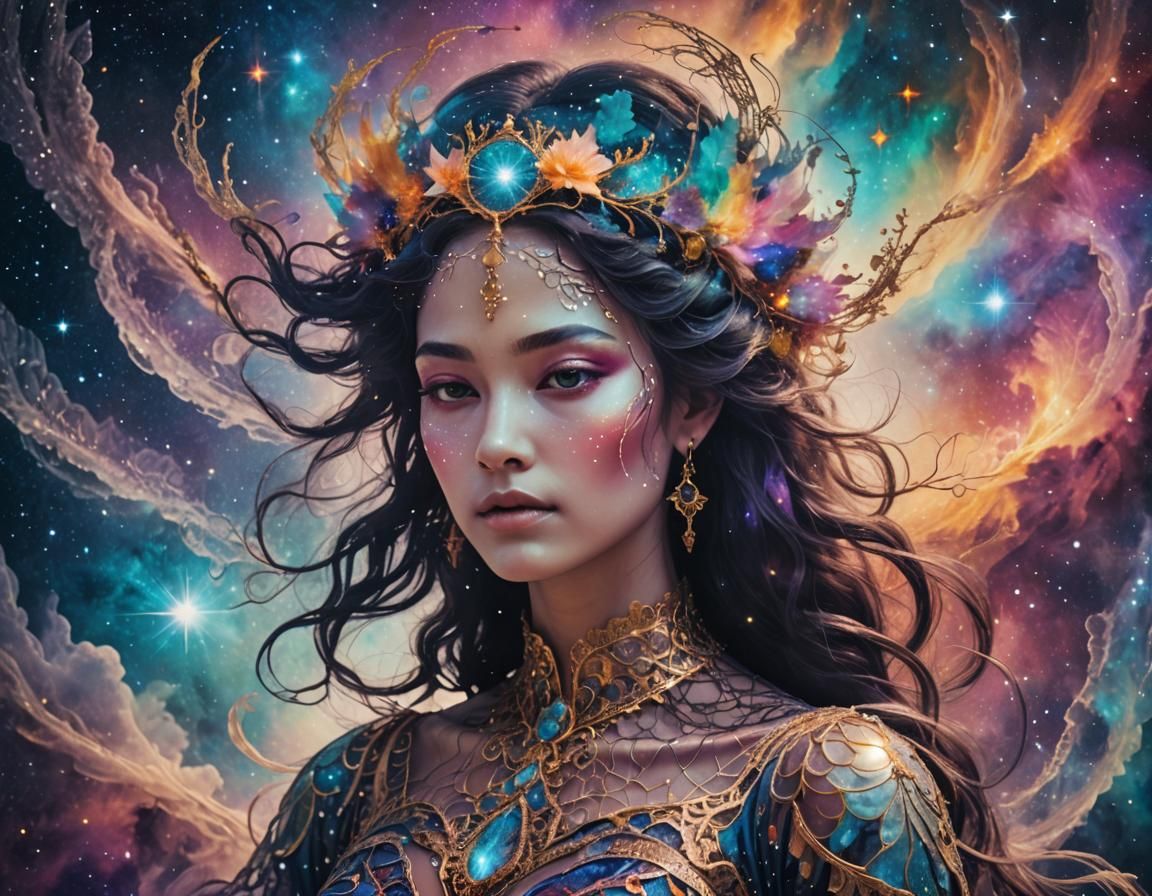 Celestial Goddess in Starry Galaxy: Double Exposure Art