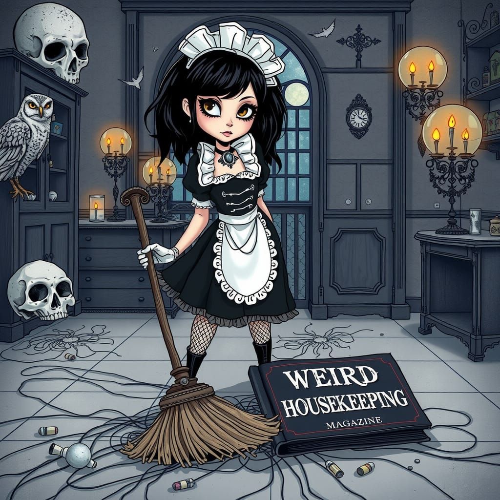 Ethereal Goth Maid in Surrealist Whimsy