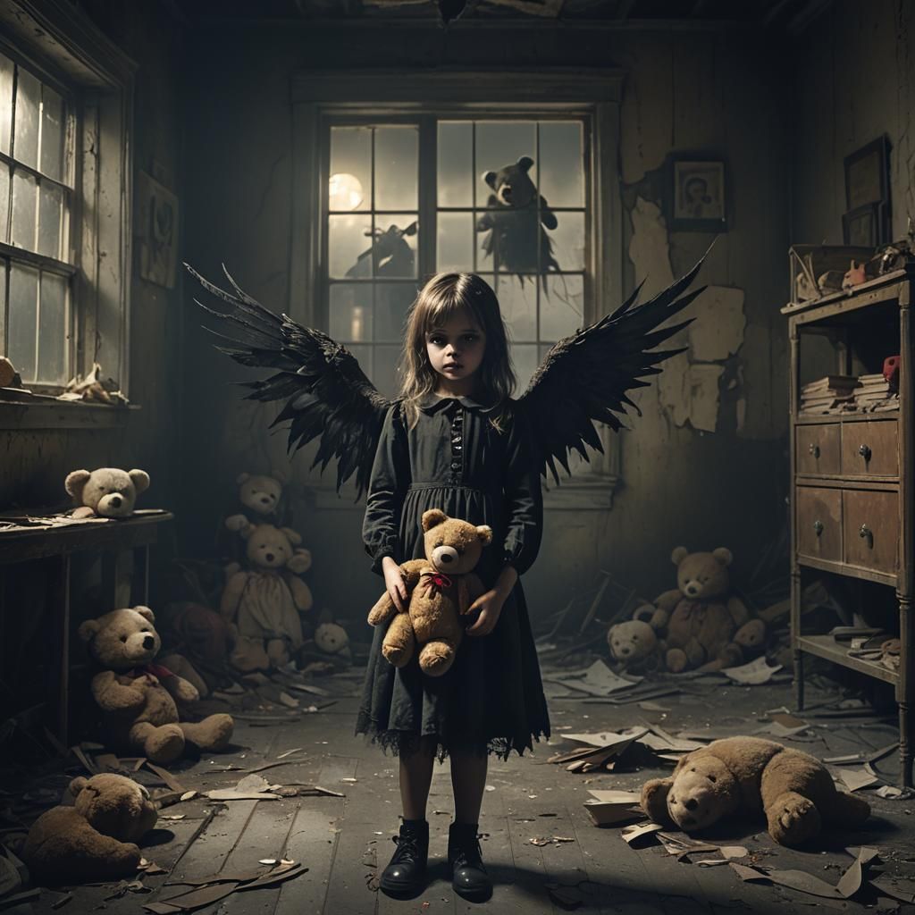 Dark Fantasy Demon Behind Girl in Abandoned Nursery