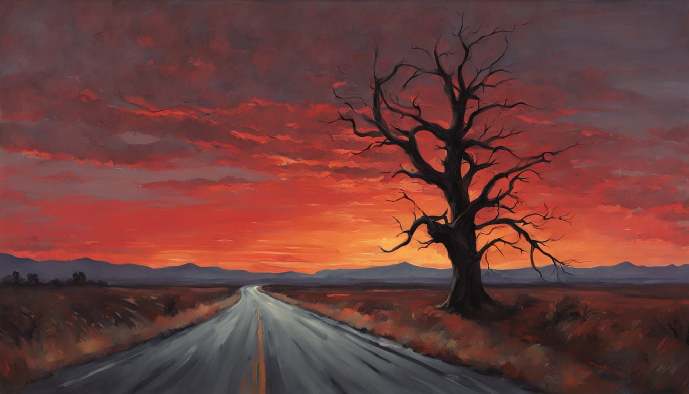 Skeletal Tree at Red Sunset, Oil Painting