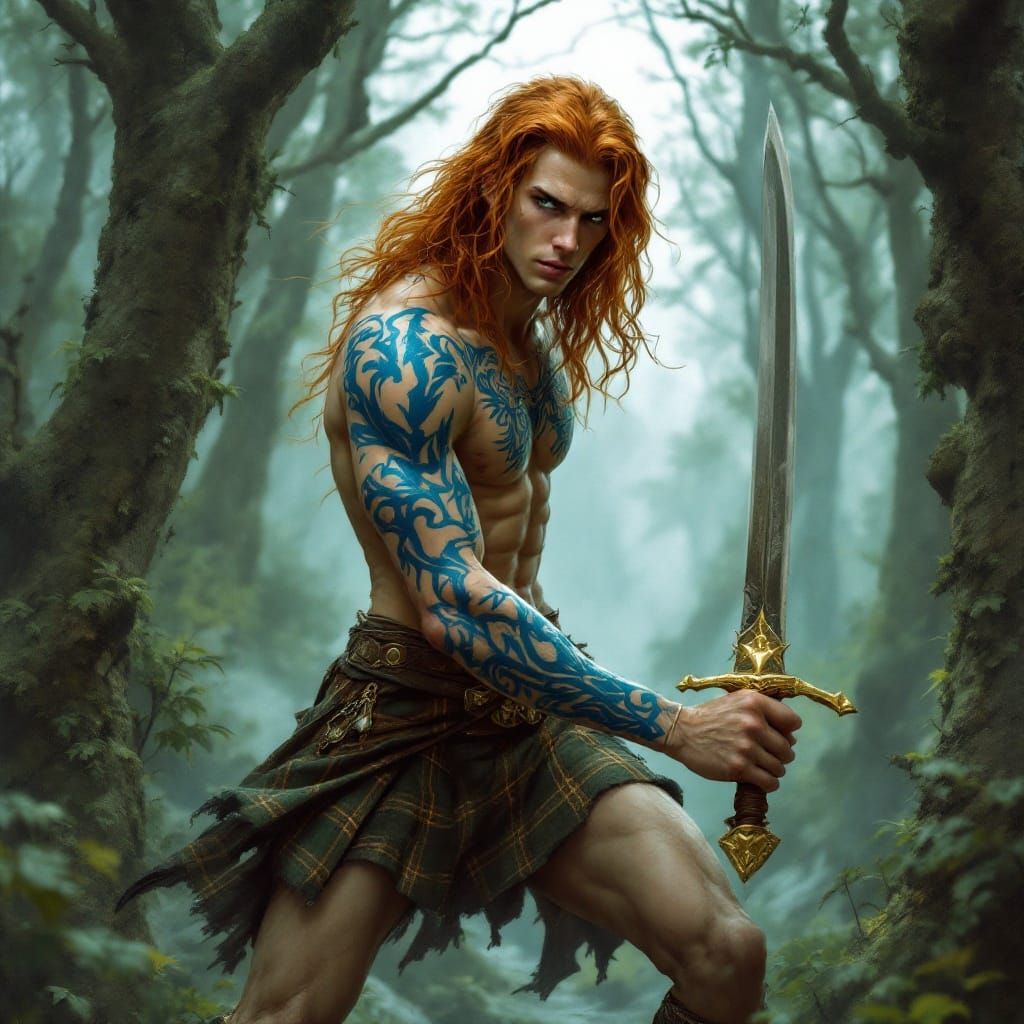 Celtic Warrior in a Misty Forest, Inspired by Frazetta and B...