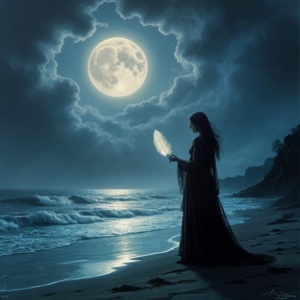 Woman on Misty Shore with Glowing Feather