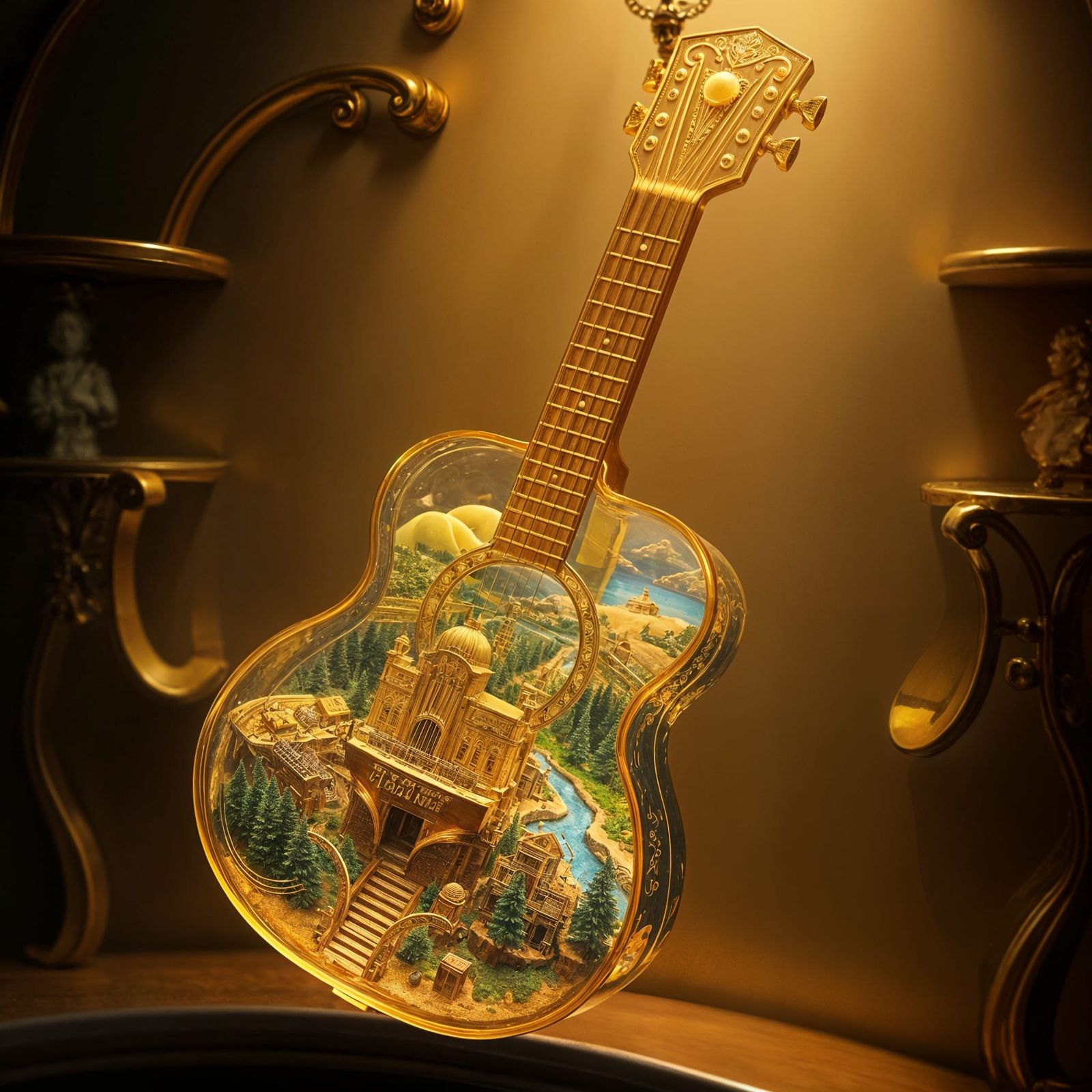 Golden Glass Guitar with Miniature World Inside