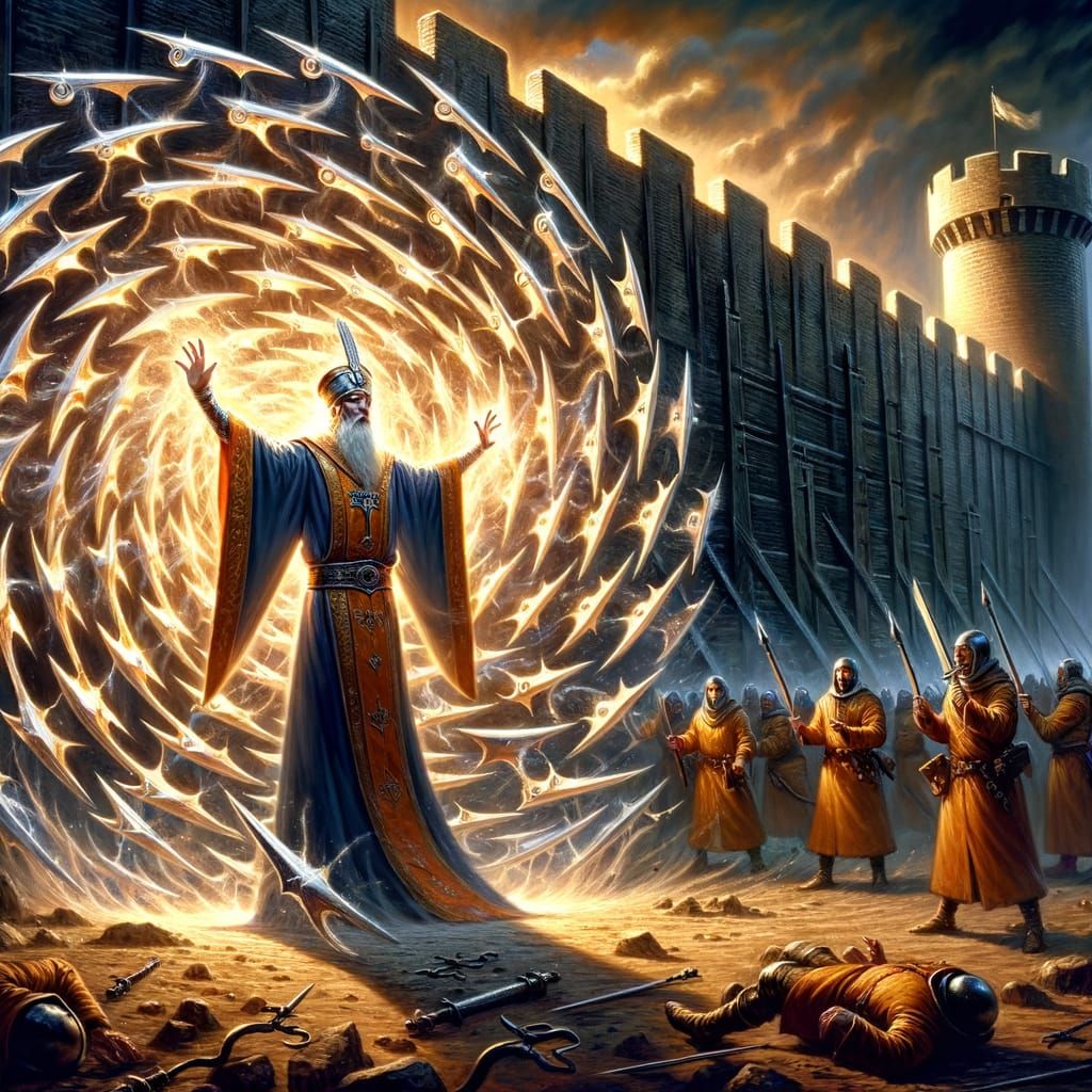 Fantasy Cleric Conjures Blade Barrier Spell