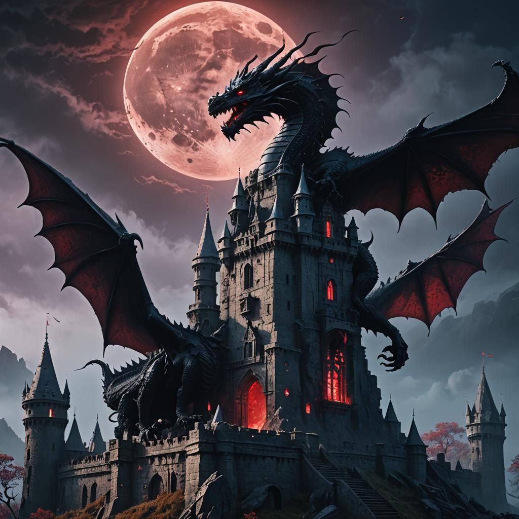 Black Dragon on Abandoned Castle Under Bloody Moon