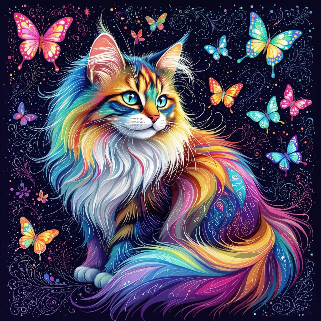Iridescent Long-Haired Cat With Butterflies, Digital Art Sty...