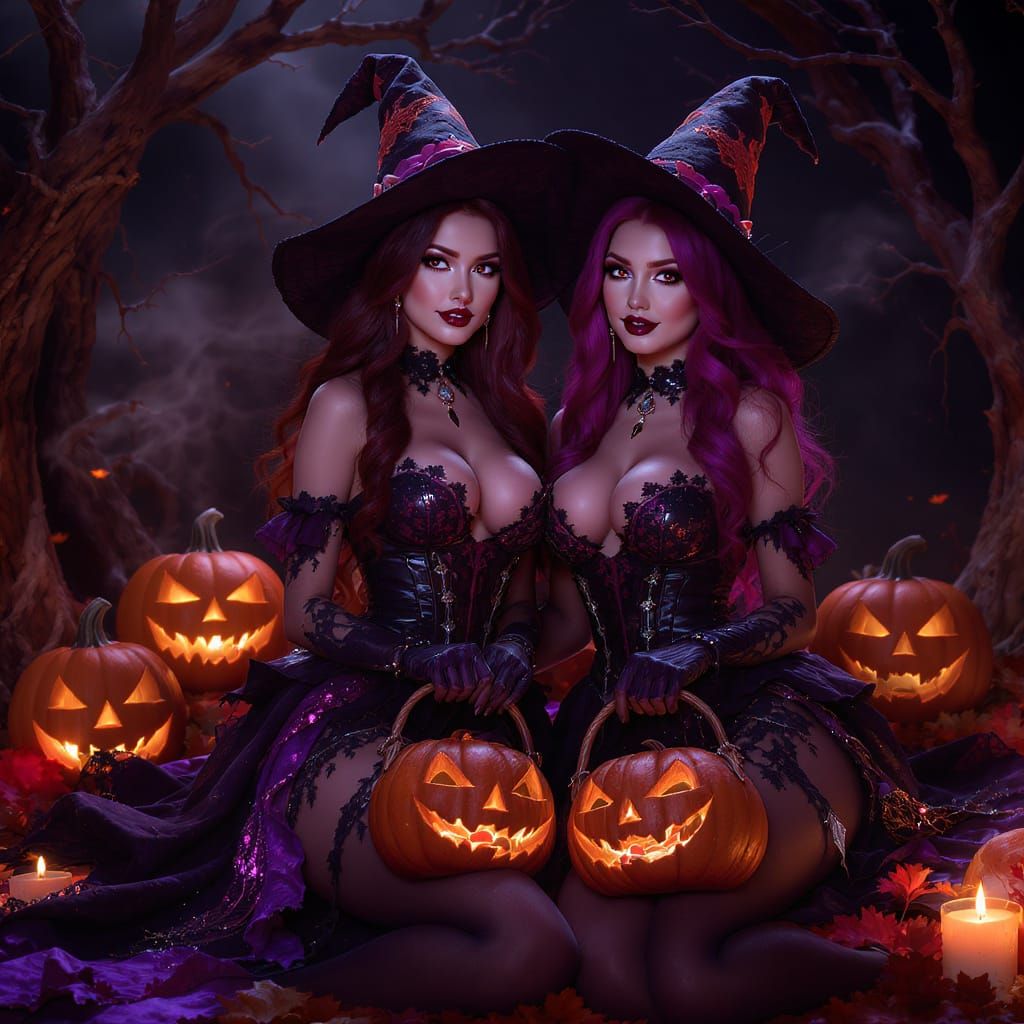 Witches in Playful Halloween Outfits with Pumpkins