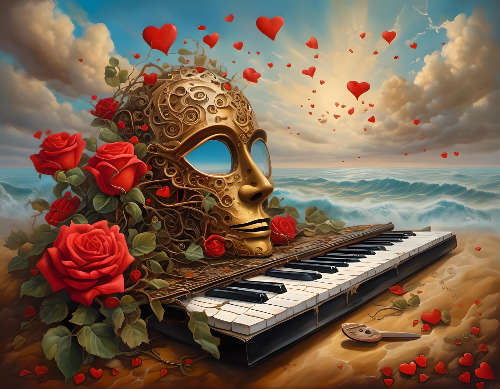 Surreal Mask Merged with Keyboard in Oil Painting Style