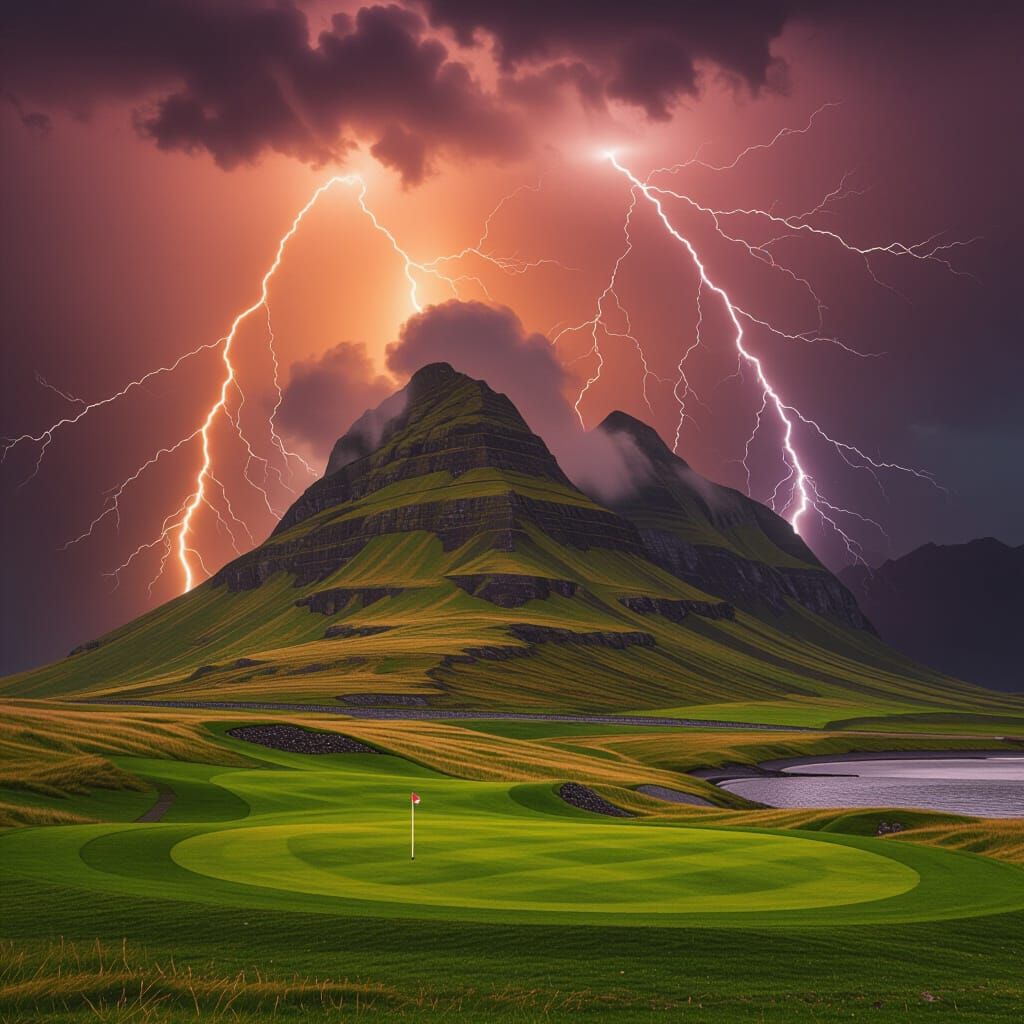 Towering Yellow Mountain Engulfed in Fiery Storm