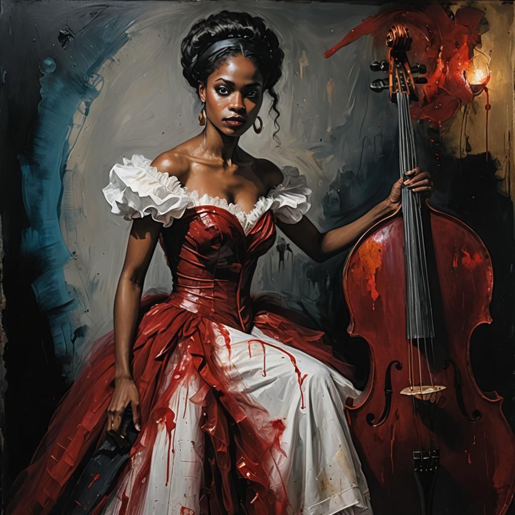 Striking Creole Woman Bassist in Grunge Style Painting