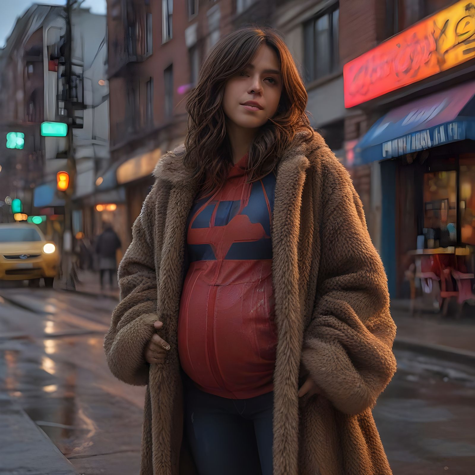 Pregnant Kamala Khan in Fur Coat in Hyperrealistic Style