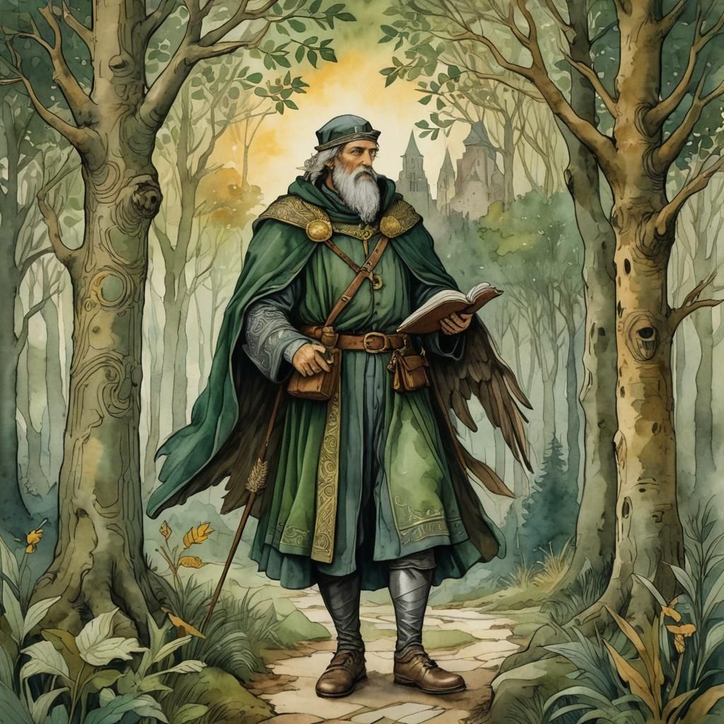Mythical illustration, medium shot. A wise explorer dressed ...