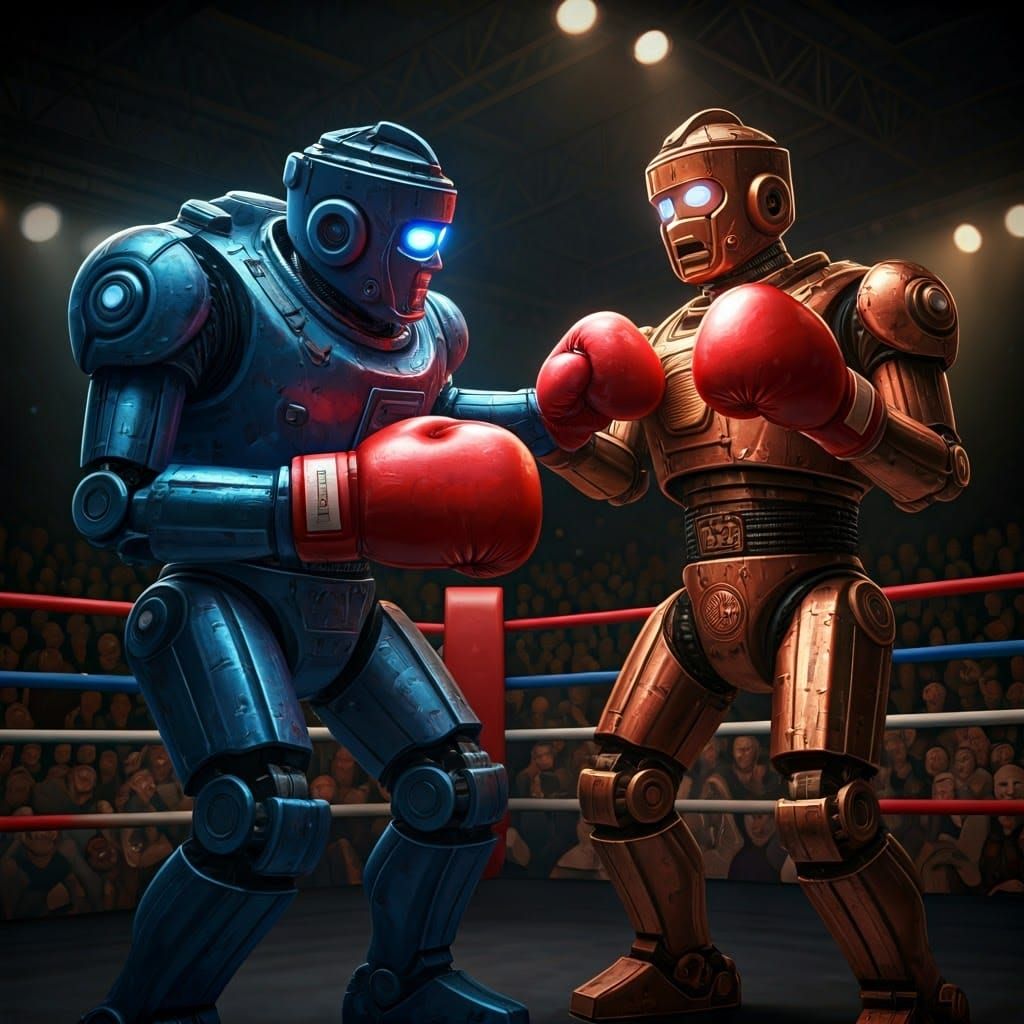 Mecha Robots Boxing Match in Retro-Futuristic Style