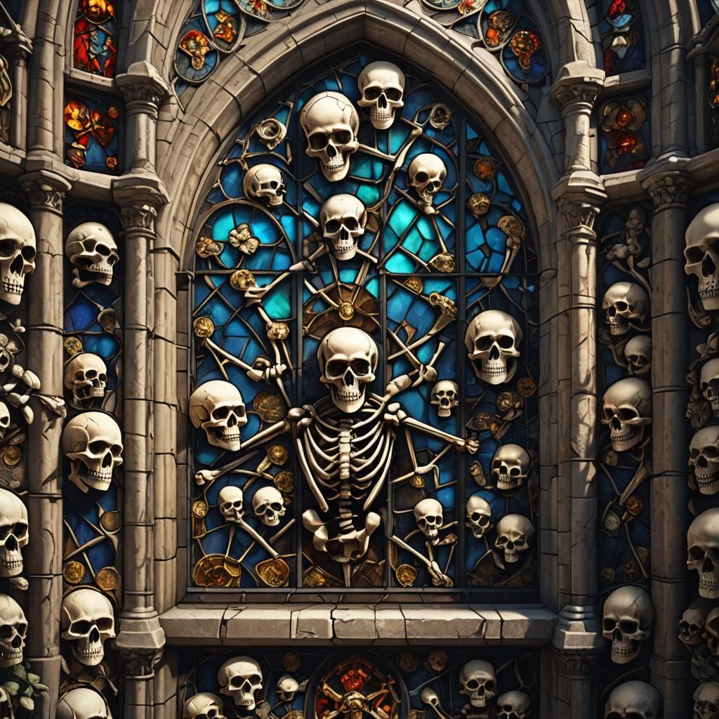 Creepy Stained Glass Skull Window in Crypt