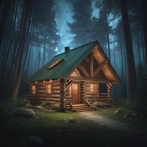 Cosmic Cabin in Forest, Mixed Media Illustration