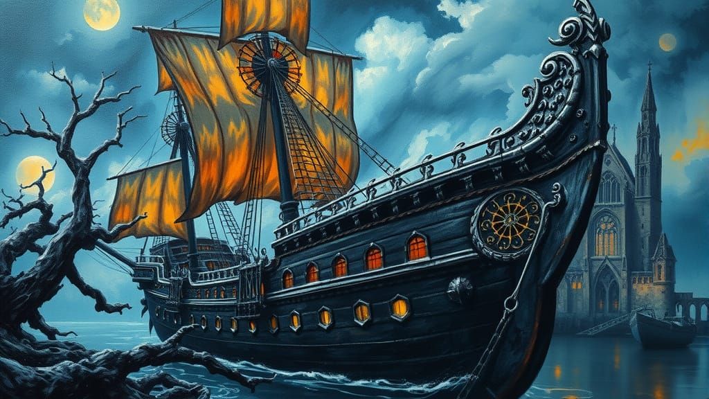 Ghost Ship at Gothic Ruin as Impasto Painting