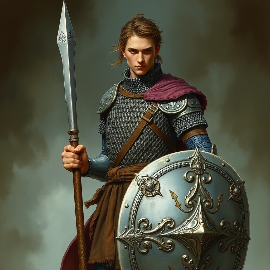 Medieval Cleric in Chain Mail Wields Iron Mace and Shield