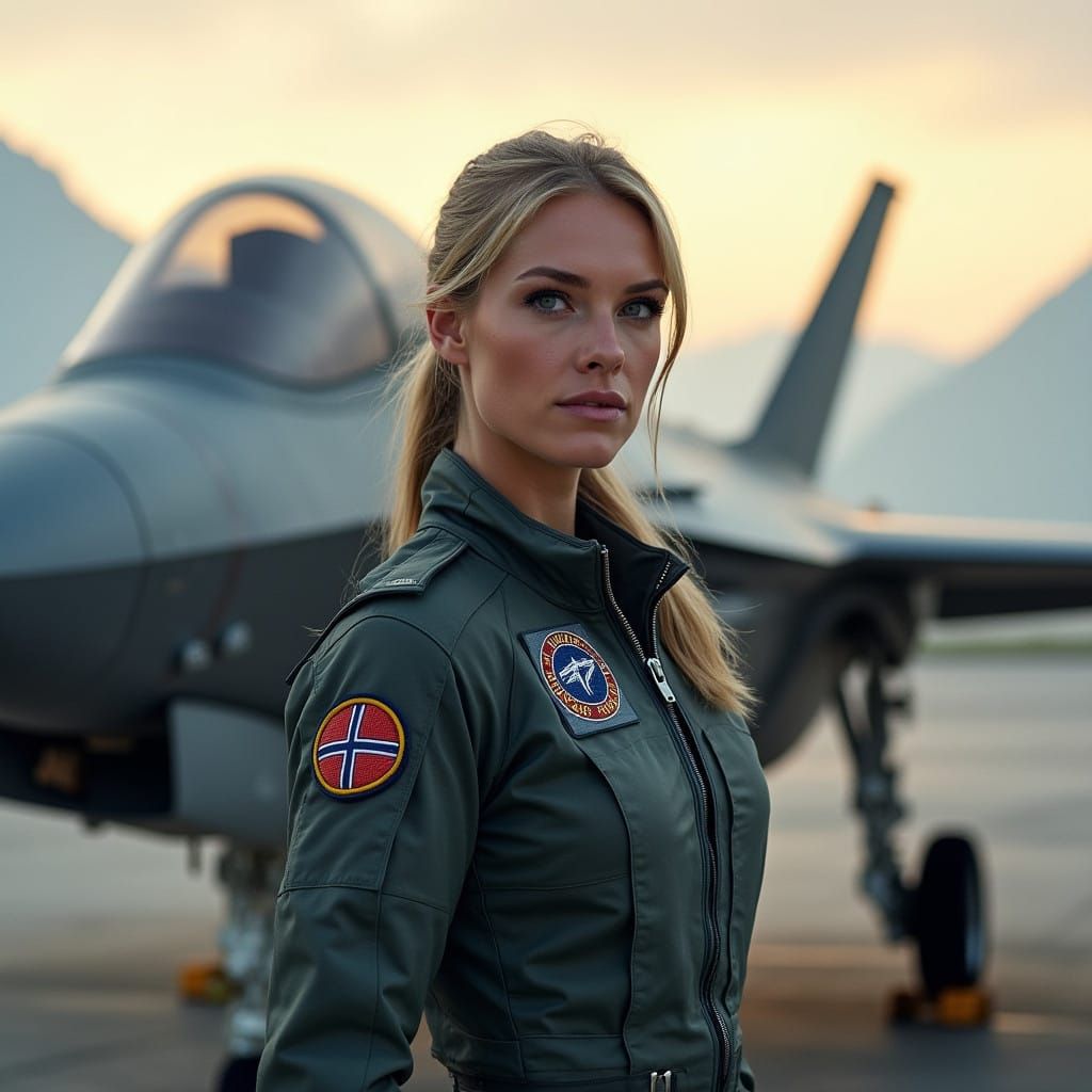 Hyperreal Norwegian Female Fighter Pilot in High-Tech Flight...
