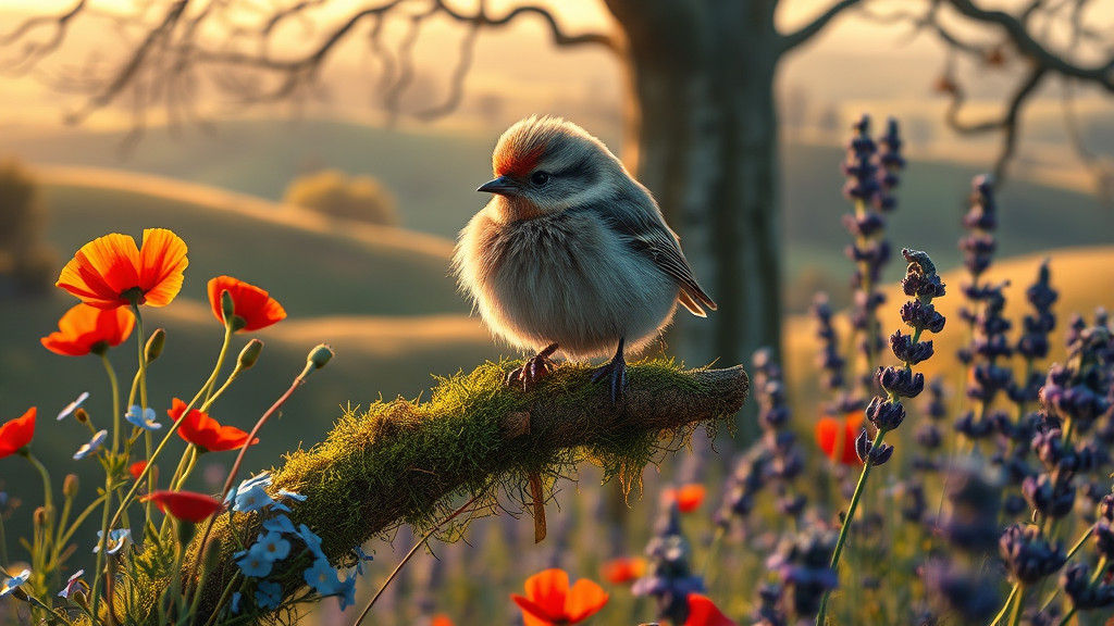 Fluffy Bird on Mossy Branch in Hyperrealistic Style