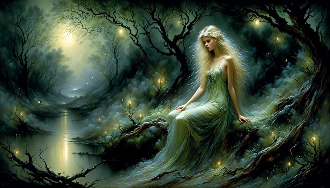 Ethereal Forest Scene: Blonde Girl and Firefly Fairies