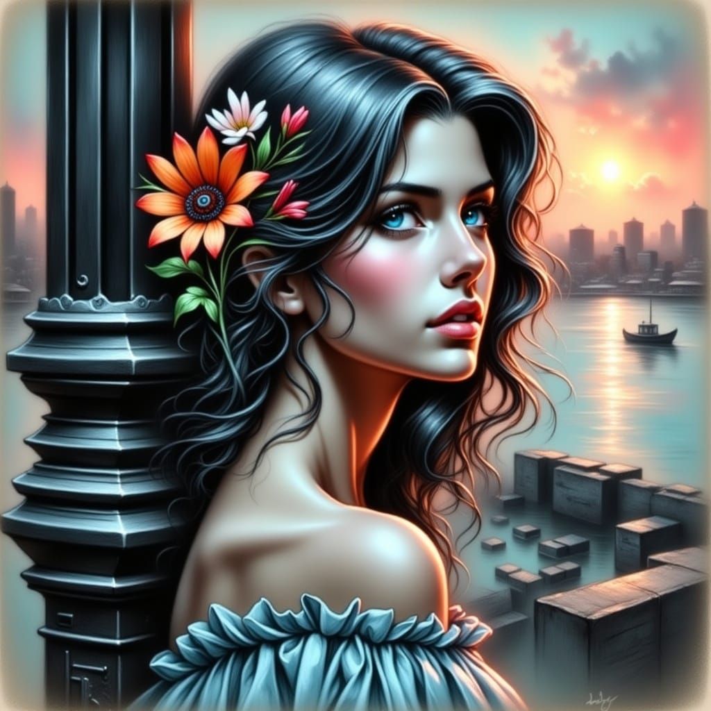 Woman with Flowers Overlooking Sunset Harbor