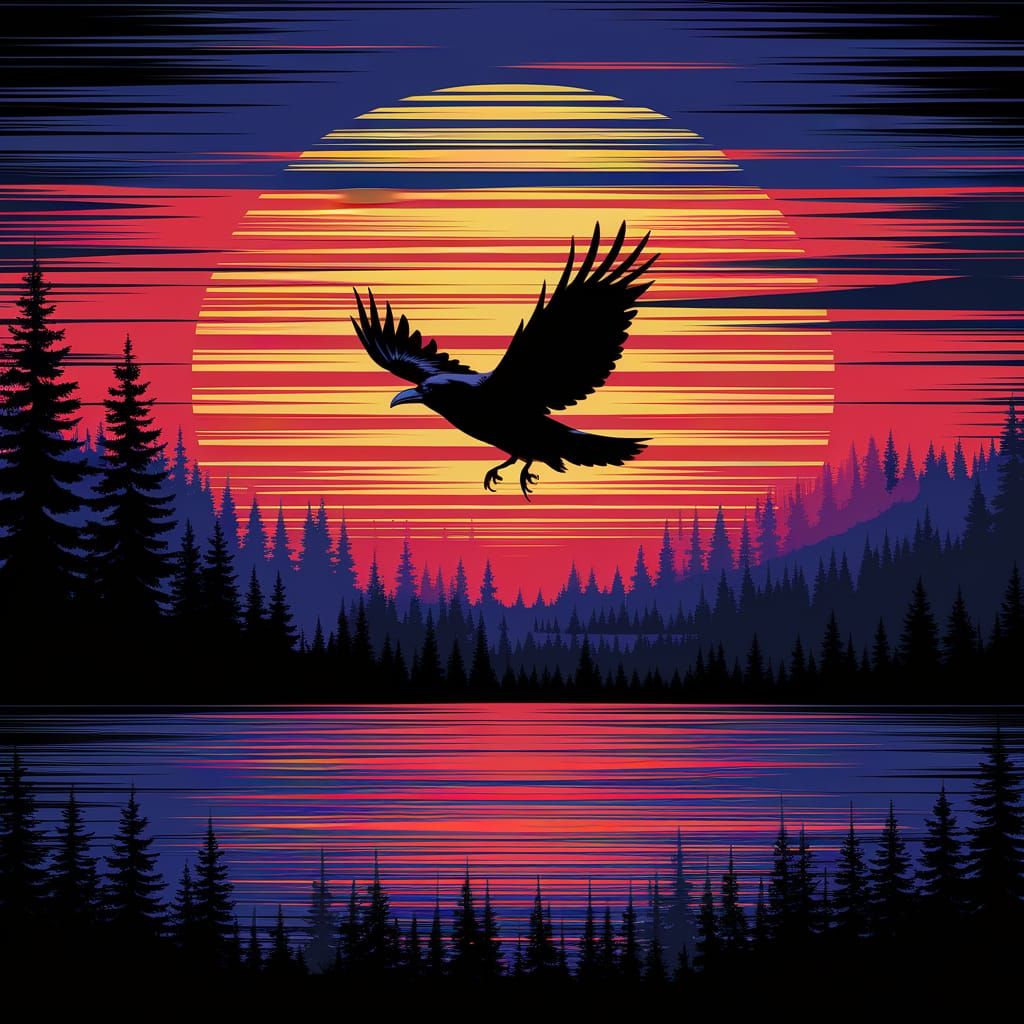 Vivid Sunset Striped Landscape with Raven in Flight