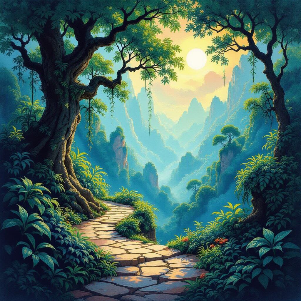 Enchanting Path to Mystical Realm: Charcoal Drawing