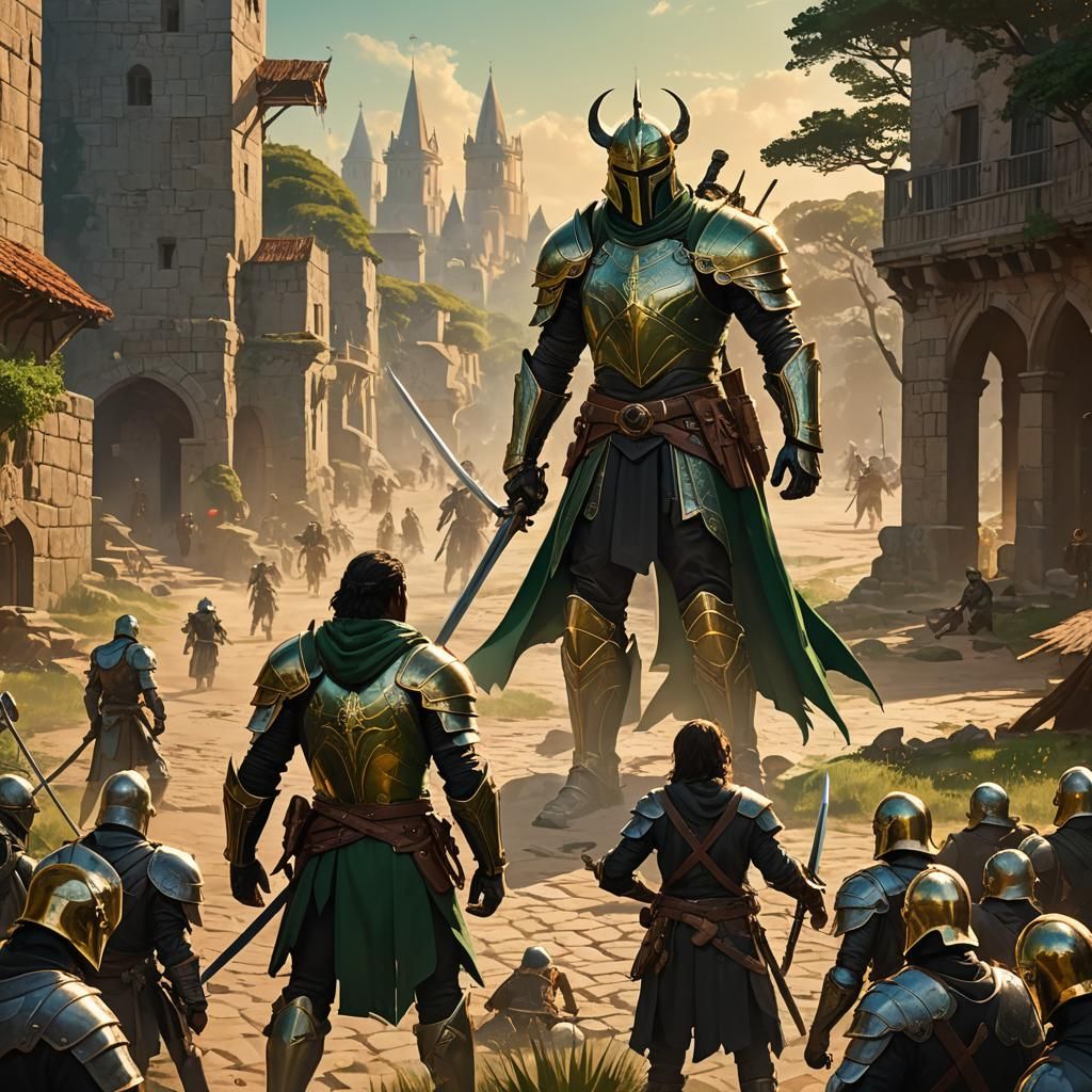 Epic Romance: Knights Embrace in Golden Hour Lighting