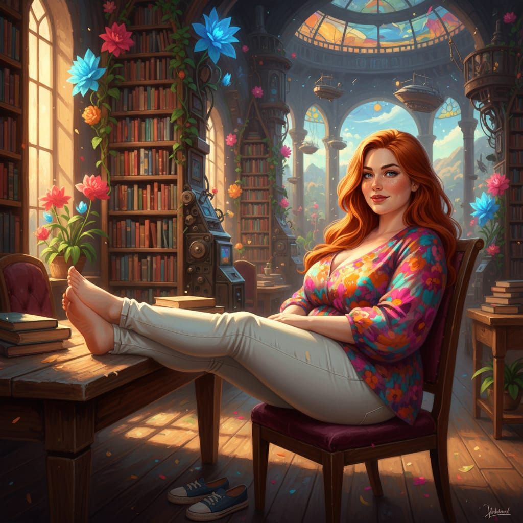 Redhead Relaxing in Bookshop, Hyperrealistic Style