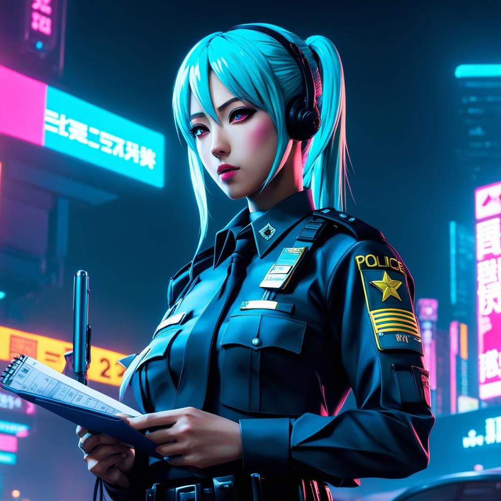 Hatsune Mika in policewoman uniform with a pen and a notepad writing a ticket dramatic lighting, and masterpiece