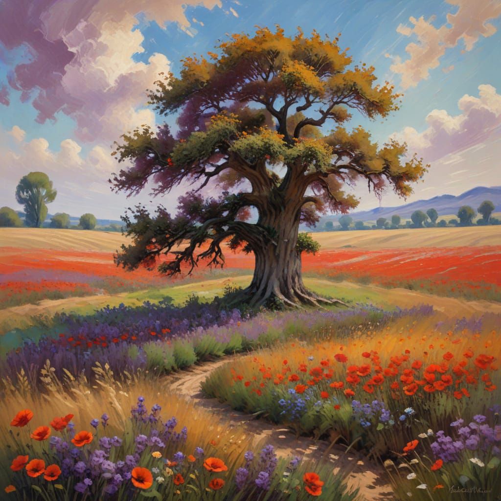 Oak Tree Landscape Painting in Impressionistic Style
